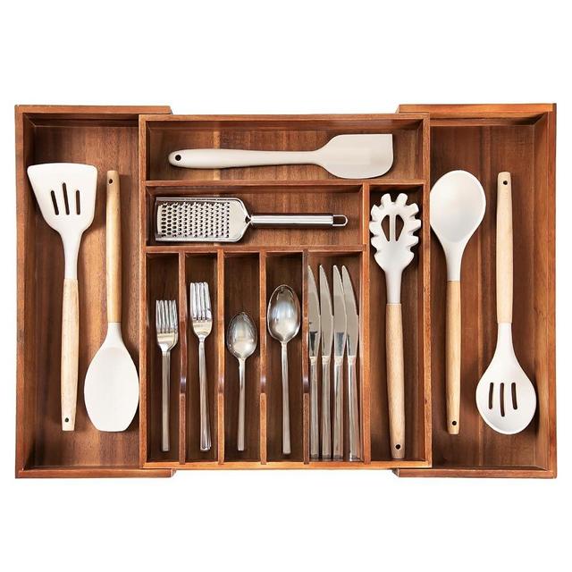 KitchenEdge Premium Silverware, Flatware and Utensil Organizer for Kitchen Drawers, Expandable 15 to 25 Inches Wide, 10 Compartments, Food-Safe Premium Acacia Wood Finish Kitchen Storage Tray