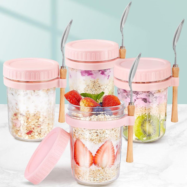 HomArtist Overnight Oats Containers with Lids and Spoons,16oz Pink Mason Jars for Overnight Oats,Glass Meal Prep Jars with Lids for Oatmeal,Yogurt,Great Airtight Lid for On-The-Go Use - 4 Pack