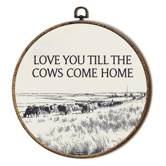 FSTCSV Rustic Western Cow Round Wall Art Framed, Western Cowboy Cows Canvas Prints Wall Hanging Art, Farmhouse Love You Till The Cows Come Home Circle Walls Decor for Home Living Room Bedroom,10x10in