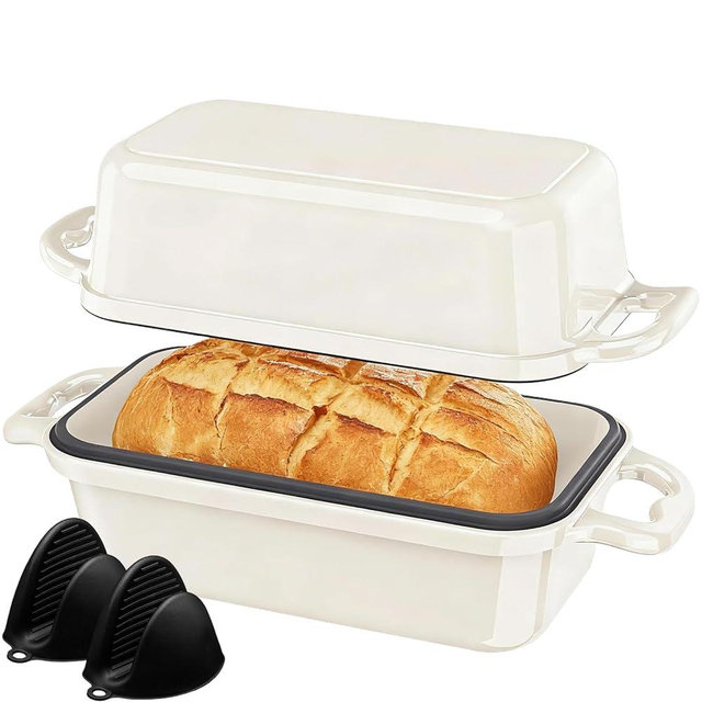 DYCYRQ Enameled Cast Iron Sourdough Bread Dutch Oven, Cast Iron Loaf Bread Pan for Homemade Bread Baking, 2PCS 9 x 5Inch Meatloaf Pan with Lid, Oven Safe, Cream