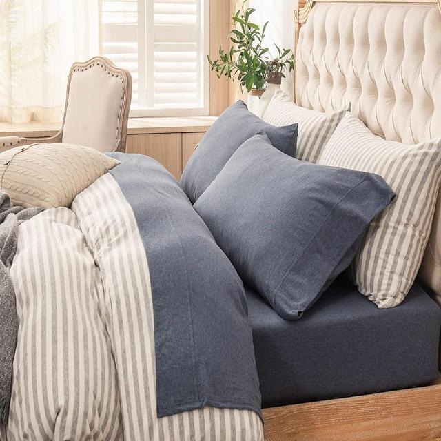 PURE ERA Jersey Knit 4pc Bed Sheet Set 100% T-Shirt Heather Cotton Super Soft Comfy Breathable Fits Mattress Up to 20" Extra Deep Pocket (Navy Blue, King)