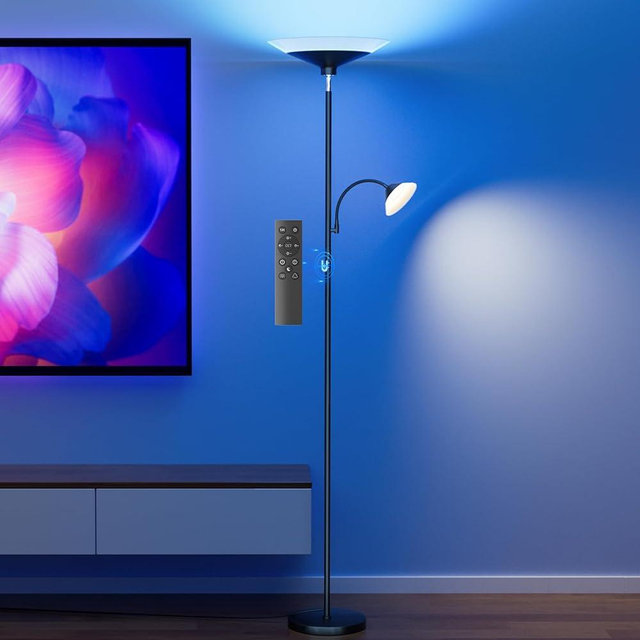 SIBRILLE RGB Torchiere Floor Lamp - 2 Way Dimmable LED Standing Lamp with Remote&Button Control, 34W Rotatable Floor Reading Light, 72'' Tall Modern Corner Lamp for Living Room Bedroom Office, Black