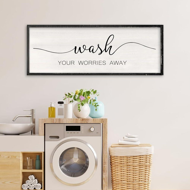 Wash Your Worries Away Sign Bathroom Wall Art Decor 40x15 Inch Inspirational Wooden Framed Large Modren Farmhouse Laundry Room Funny And Beautiful Artwork Wall Hanging Decoration (Black)