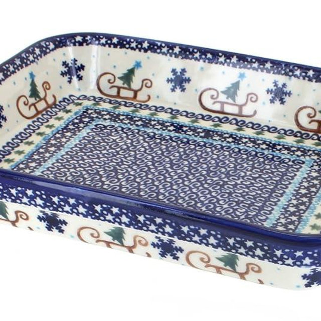 Blue Rose Polish Pottery - Blue Noel Nights Small Rectangular Baker - 10.25" x 8" - Unique, Dishwasher Safe, & Durable Bakeware