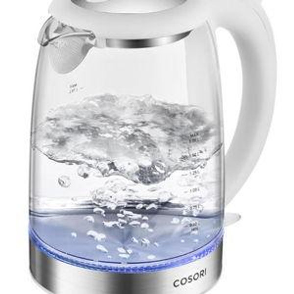 Cosori Electric Kettle, No Plastic Filter & Spout, Tea Kettle & Hot Water Boiler For Coffee & Tea, Water Heater & Teapot, Automatic Shut Off, Borosilicate glass, White, 1.7L/1500W
