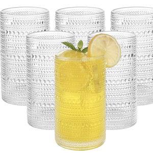 Vintage Hobnail Drinking Glasses Set of 6, 16 oz Large Capacity Embossed Clear Tumblers, Highball Glasses for Water, Cocktail, Beer, Whiskey, Kitchen & Bar Use