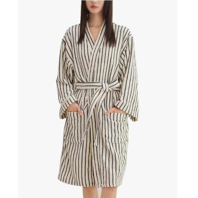 Cotton Terry Stripe Bathrobe For Women And Men,Luxury Kimono Soft Terry Cloth Robe,Comfortable Loungewear Nightwear