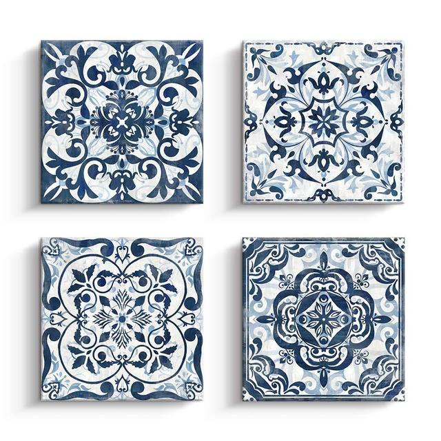 Kas Home Boho Flower Room Decor Canvas Modern Abstract Paintings Wall Art Navy Floral Pictures Prints 4 Panels Artwork for Bedroom Bathroom Living Room Office Home Decorations (14 x 14 x 4, Blue)