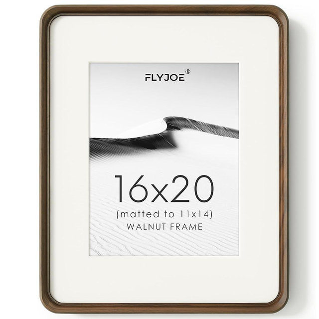 16 x 20 Picture Frame, USA-Sourced Natural Walnut Wood Photo Frame with Tempered Glass, Handcrafted Rounded Corner 16x20 Wooden Frame Matted to 11x14 Photos, Horizontal or Vertical Wall Mounting