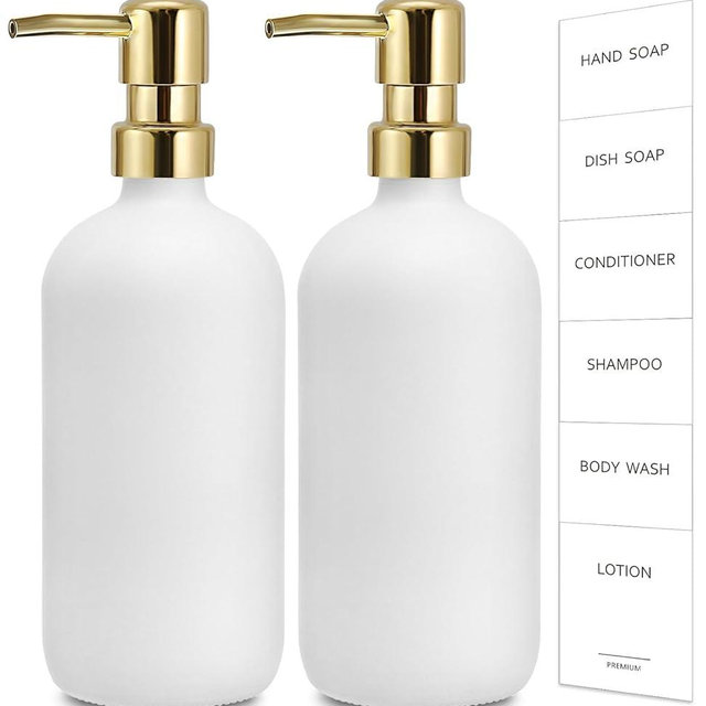 GMISUN White Soap Dispenser, 2 Pack Glass Hand Soap Dispenser Bathroom with Gold Pump, 16 Oz Hand and Dish Soap Dispenser Set for Kitchen, Refillable Modern Liquid Soap and Lotion Dispensers Bottle