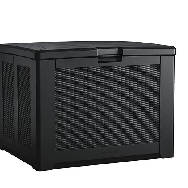 Rubbermaid Medium Resin Outdoor Storage Deck Box, 74 Gal, Charcoal, with Decorative Basketweave Pattern for Home/Garden/Patio/Pool/Back-Yard/Lawn