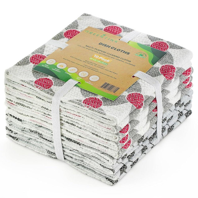 GREENTINK Eco-Friendly Reusable Dish Cloth Set – 10-Pk Multipurpose Kitchen Cleaning Cloth Made from Recycled Materials – Absorbent Dish Towels & Non-Scratch Cleaning Rags, 12x12 in.