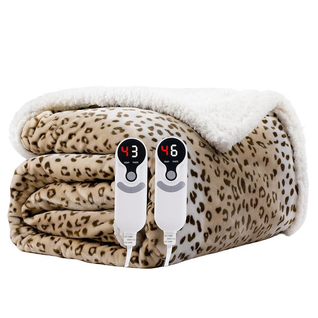 Electric Heated Blanket Queen Size 84"x90" - Microplush & Sherpa Fabric Dual-Sided, 9 Heat Settings & 10 Hours Auto Off, Cozy Warming Throw for Office or Bed, Machine Washable, Beige Leopard Print