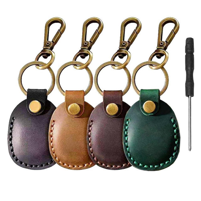 Airtag Holder Keychain-Genuine Leather Airtag Keychain Holder 4 Pack,Handmade Air Tag Case Scratch-Resistant Leather Key Chain Ring Compatible for Airtag,Dog Collar,Luggage