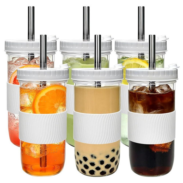 Mapoxy 6 Pack 24oz Mason Jar Cups with Lids and Straws, White Boba Cups Set, Glass Drinking Jars for Bubble Tea, Smoothie, Iced Coffee, Complete with Sleeves, Dishwasher Safe Reusable Tumbler