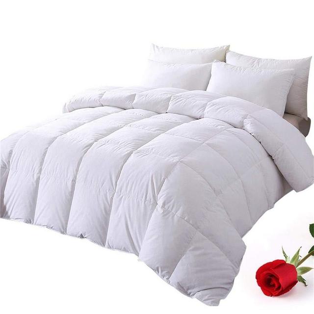DOWNCOOL 100% Cotton Quilted Down Comforter with Corner Tabs - White Goose Duck Down Feather Filling - Lightweight and Medium Warmth Box Stitched All-Season Duvet Insert - Queen/Full