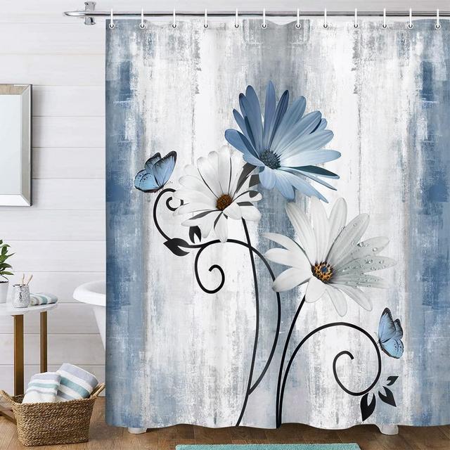 VeiVian Rustic Farmhouse Shower Curtain, Farm Blue Daisy Floral Flowers and Butterfly on Country Wooden Shower Curtain for Bathroom, Turquoise Blue Bathroom Shower Curtains with 12PCS Hooks, 70X70IN