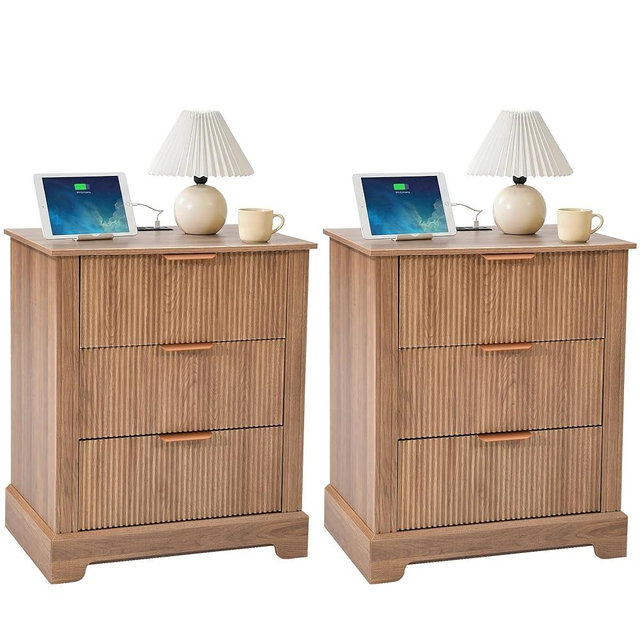 YITAHOME 2PCS Fluted Side Table with Drawer & Charging Station, Nightstands Set of 2, End Table for Bedroom or Living Room, Oak Color