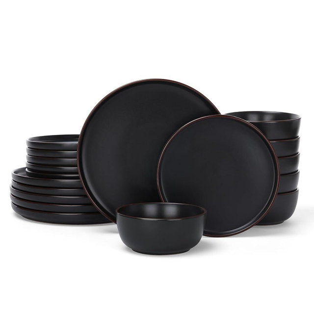 Famiware Mercury Plates and Bowls Sets, 18 Pieces Stoneware Dinnerware Sets, Dishes Set for 6, Microwave and Dishwasher Safe, Matte Black