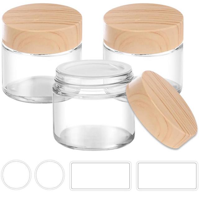 2 oz Small Glass Containers with Lids, Glass Jars with Woodgrain Lids & Inner Liners, Reusable Travel Containers for Creams, Makeup, Lotion, Cosmetic - 3 pack
