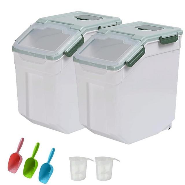 YXQ 25LB Large Flour Storage Container Bin ,2 Pack Airtight Plastic with Wheels Seal Locking Lid Dispenser Organizer Storage Bin with Measuring Cup & Scoop for Flour, Rice, Grain 50LBS Total