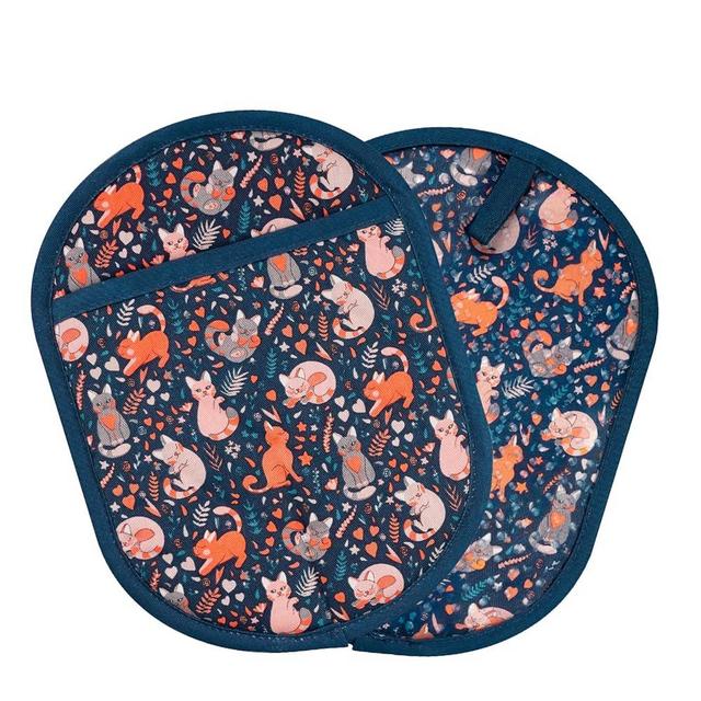 Pot Holders Set of 2 with Transparent Clear Silicone Shell and Nice Cat Flower Cotton Lining, Heat Resistant to 500 F Kitchen Oven Gloves Pot Holder for Cooking (Navy, Cat, Potholders)
