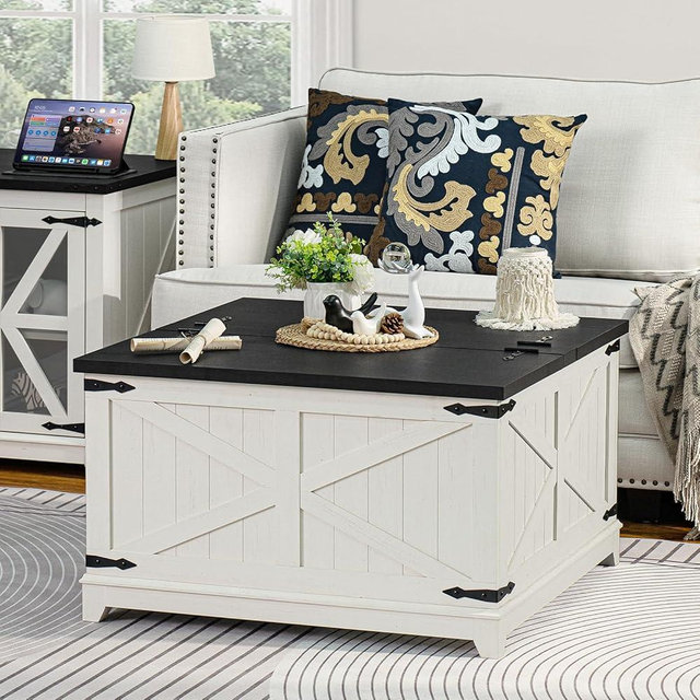 Joaxswe Farmhouse Coffee Table with Hidden Storage Compartment, Antique Black & White Square Large Center Table for Living Room, Wood Rustic Wide Coffee Tables with Hinged Lifting Tabletop for Home