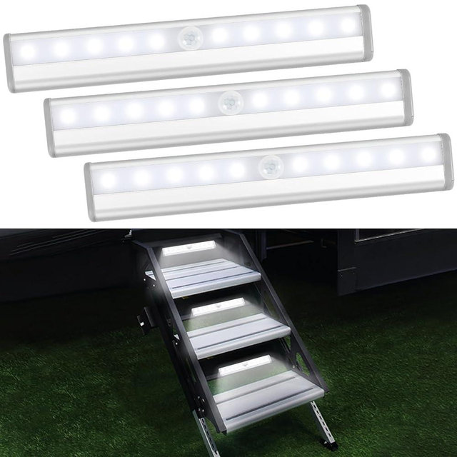 Fymblin 3 Pack Motion Sensor RV Step Lights, 10 LED Battery Operated Motorhome Motion Activated Light Strip, Magnetic Night Light Bar for Motorhome Travel, Trailers, Camper (White Light)