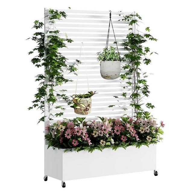 Metal Planter Box with Trellis Privacy Screen, Raised Garden Bed with Trellis & Wheels, Privacy Planters for Patio, Planter Box with Drainage Holes for Climbing Plants, Flower, 73"x 47"x 16", White