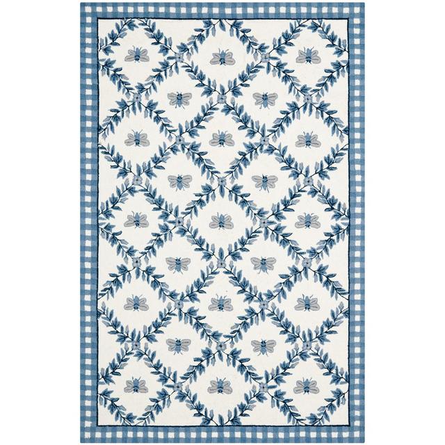 6'X9' Bee Hooked Area Rug Ivory/Blue - Safavieh