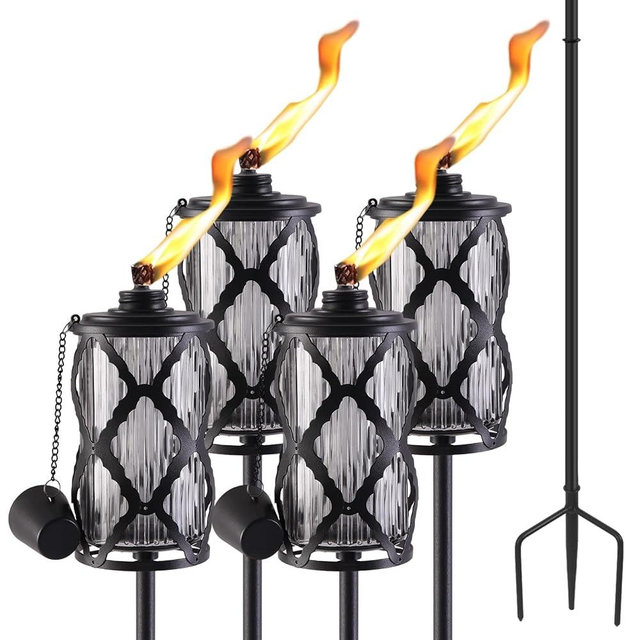 Glass Citronella Torches Set of 4, 16oz Outdoor Glass Torch Garden Décor, 55 inch Outdoor Clear Glass Citronella Torches with 3-Prong Grounded Stake for Garden, Patio, Party, Landscape Decor