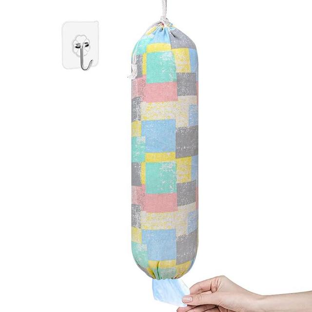 Plastic Bag Holder, Wall Mount Plastic Bag Organizer, Shopping Bags Carrier, Washable Large Grocery Bag Storage Dispenser ​for Home Kitchen Travelling, Free Adjustment with Drawstring (pink square)
