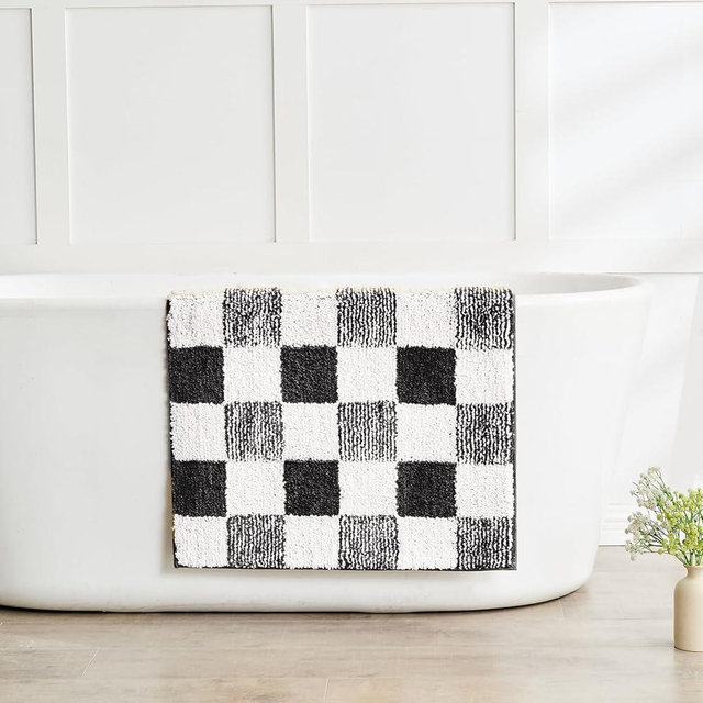 CozeCube Black Checkered Bath mats for Bathroom Non Slip, Fluffy Absorbent Microfiber Bath mat Washable, Aesthetic Bathroom Rugs, Large Bath mat for Shower, 36" x 24"