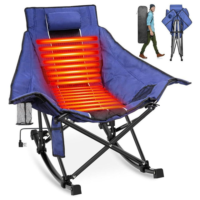 Suteck Heated Rocking Camping Chair, XL Oversized Rocking Chair Outdoor with 3 Heat Levels for Back and Seat, Heated Chairs Outdoor Sports for Patio Lawn Picnic Travel, Power Bank（Not Included）