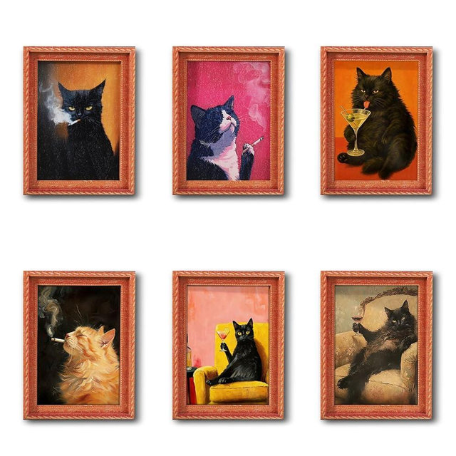 Cat Fridge Magnets Cute Cool Cat 3D Wood Magnet Funny Art Frame Designs Decorations for Refrigerator Garage Door or Kitchen Removable Indoor Outdoor Magnetic Decals 6Pcs