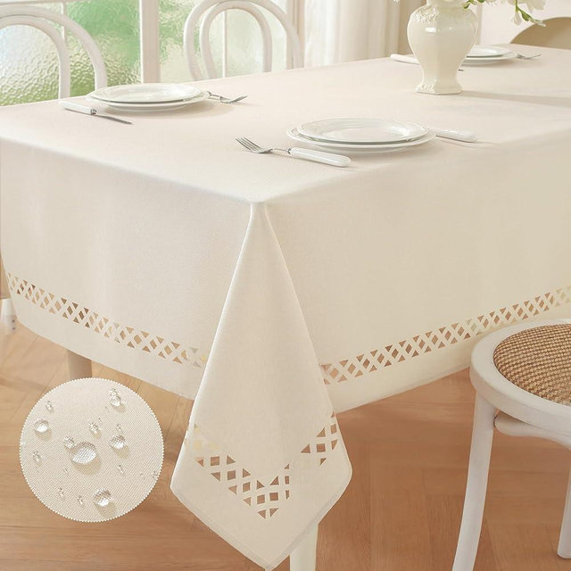 JIALE Heavy Duty Rectangle Tablecloth with Decorative Cutouts, Waterproof Tablecloth Wrinkle Free Farmhouse Dining Tables Cover for Dining Party Camping, 60 x 86 inch, Nature