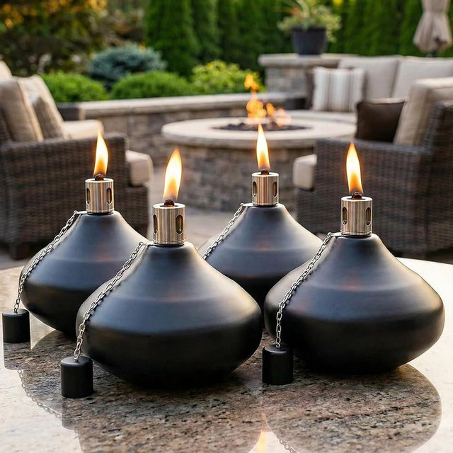 Seraphic Citronella Torch Candles for Outdoor Patio and Deck - 30oz Large Table Top Stainless Steel Metal Burner Torches for Outside, Black Finish, Set of 4