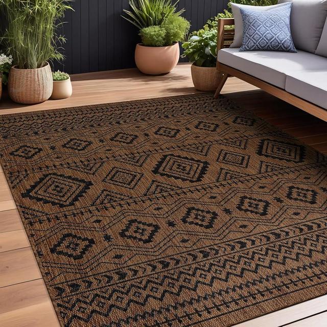 Beverly Rug Waikiki Boho Indoor Outdoor Rug 6x9, Washable Outside Carpet for Patio, Deck, Porch, Bohemian Area Rug, Farmhouse Rugs, Aztec Tribal Rug, Nut Brown and Black
