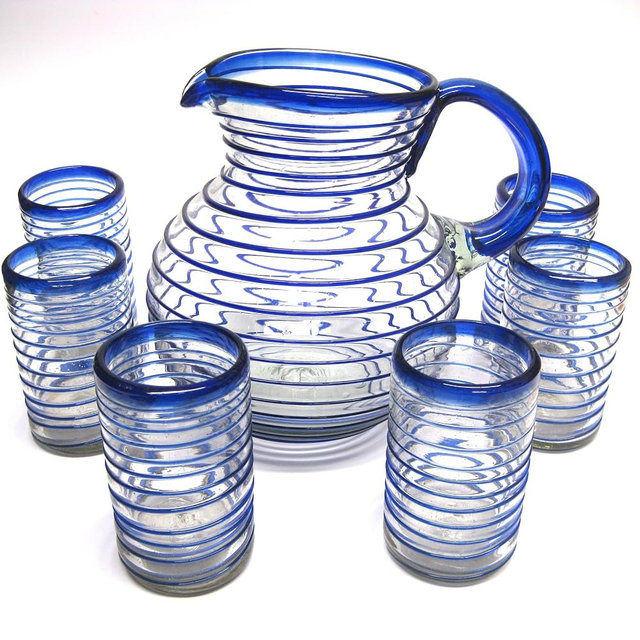 MexHandcraft Cobalt Blue Spiral 120 oz Pitcher and 6 Drinking Glasses set, Recycled Glass, Lead-free, Toxin-Free (Pitcher & Glasses)