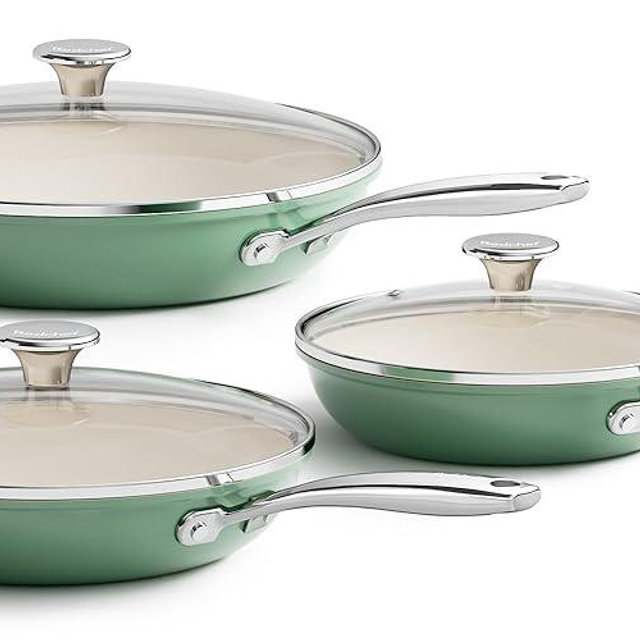 Redchef Nonstick 6-Piece Fry Pan Set, 8, 9.5, and 11 Inch Frying Pans with Tempered Glass Lids, Stay-Cool Handles, Dishwasher & Oven Safe, Induction Safe, Compatible with All Cooktops, Green