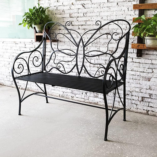 HLC Outdoor Bench Patio Outdoor Garden Bench Butterfly Cast Iron Metal with Armrests for Garden, Park,Yard, Patio, Porch, Lawn Double Seats Black