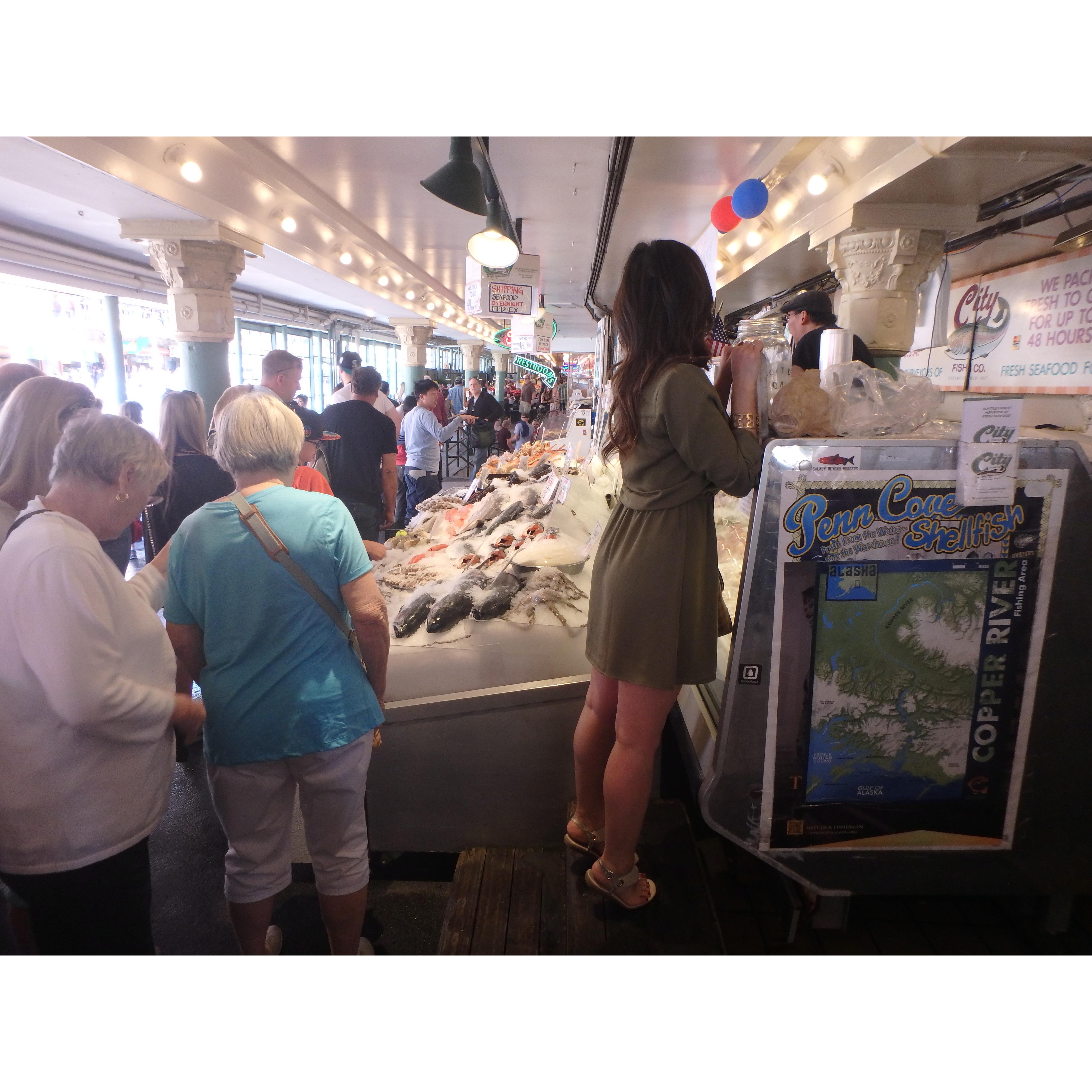 Visiting the famous Pike Place Market in Seattle, Washington.