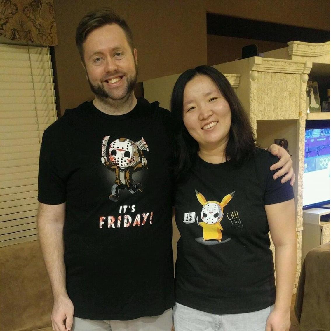 We both got our new shirt! Two versions of Friday the 13th!