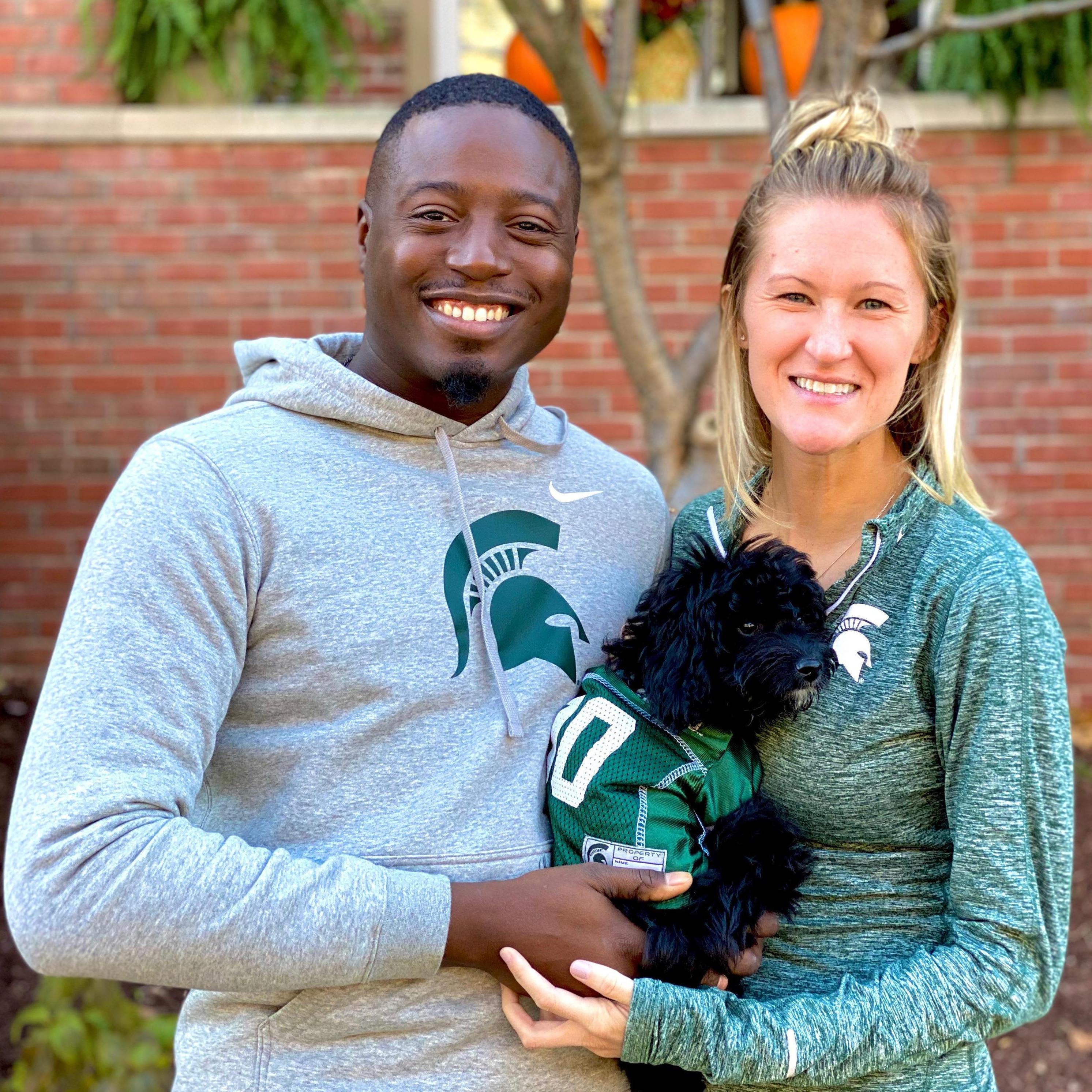 Our precious fur child, Winston, decked out in the only colors, green and white. Winston is named after Spartan Basketball star Cassius Winston.