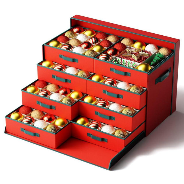 Christmas Ornament Storage Box-Hold 128 Ornaments, Xmas Ornament Organizer Storage box with Lid and Adjustable Dividers, Extra Large Holiday decorations Storage Container with Individual Trays, Red