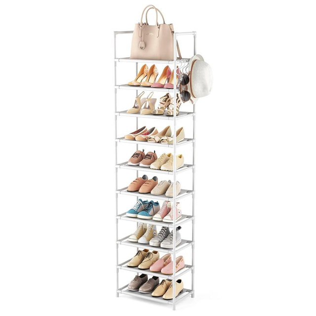 LANTEFUL 10 Tiers Tall Shoe Rack 20-25 Pairs Boots Organizer Storage Sturdy Narrow Shoe Shelf for Entryway, Closets with Hooks, White