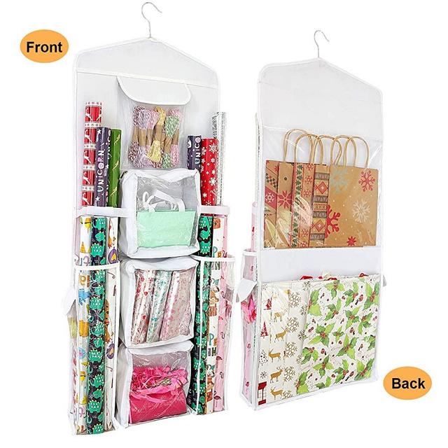 SumDirect White 16x40 Inch Double Sided Hanging Gift Wrap Organizer, Wrapping Paper Gift Bag Storage