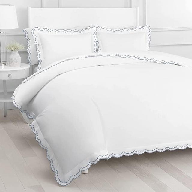 Double Scalloped Percale Weave Embroidered Full and Queen Size White Duvet Set 300 Thread Count 100% Cotton - Cool Crisp - Luxury Hotel Bedsheet - Oeko Tex Certified Deep Pocket - Blue Piping on Edges