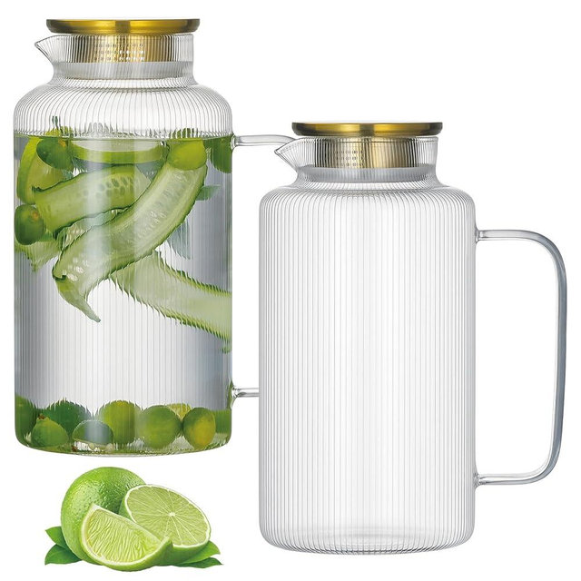 HTTLUERY 2 PACK Glass Pitcher with Lid And Handle, 84oz/2.5L Liter Classic Vertical Stripes Fridge Water Pitcher,Glass Water Carafe for Coffee, Lemonade, Iced Tea,Sun Tea, Beverage, Heat Resistant