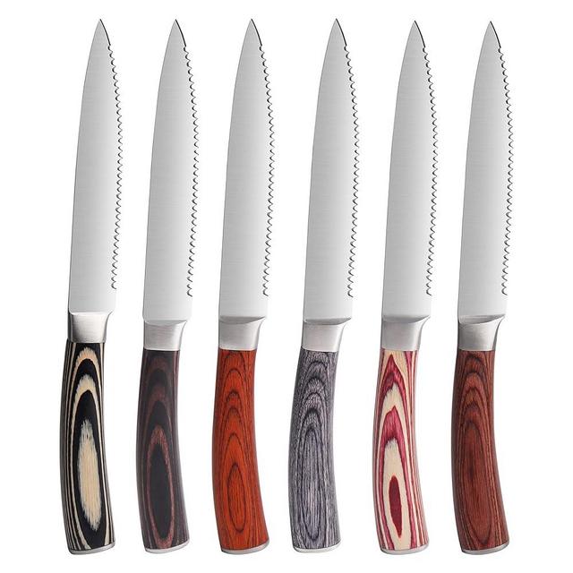 LUVCOSY Pakkawood Steak Knives Set of 6, 6PCS Set of Stainless Steel Serrated Steak Knives with Pakka Wood Handle, Fine Edge Dinner Knife Set with Gift Box for Home Party